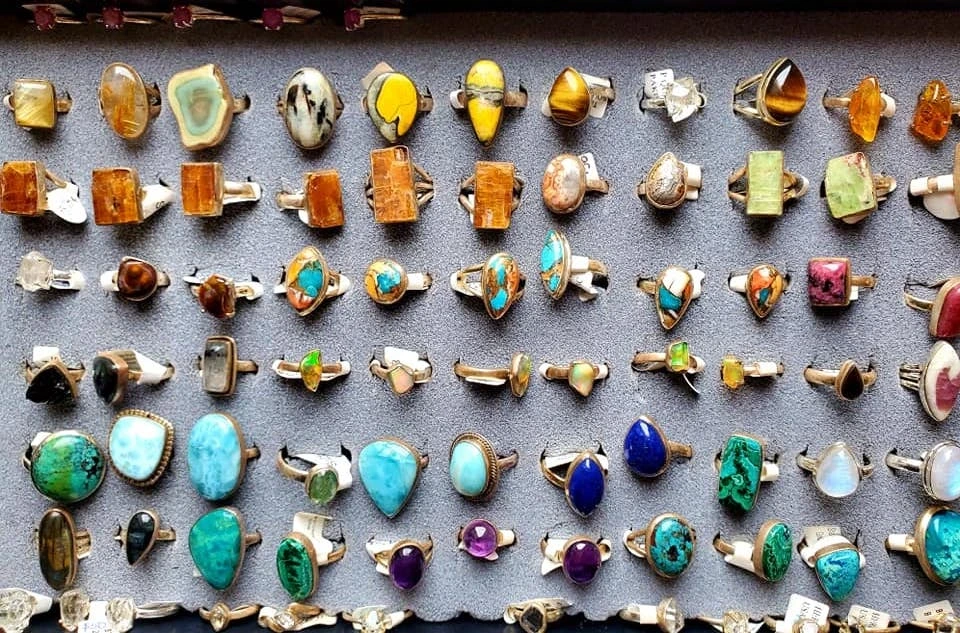 A display of sterling silver gemstone rings