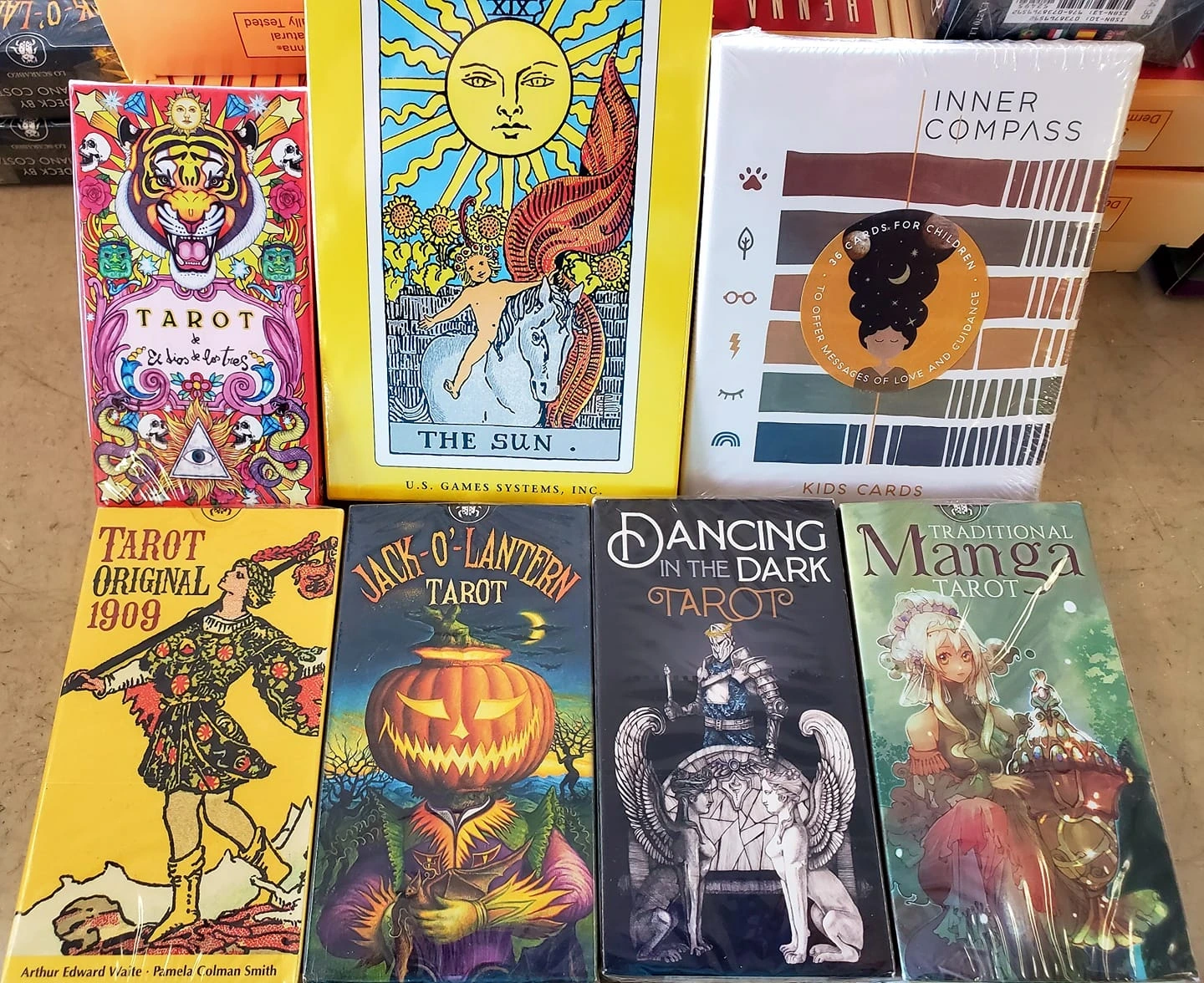 A display of tarot decks