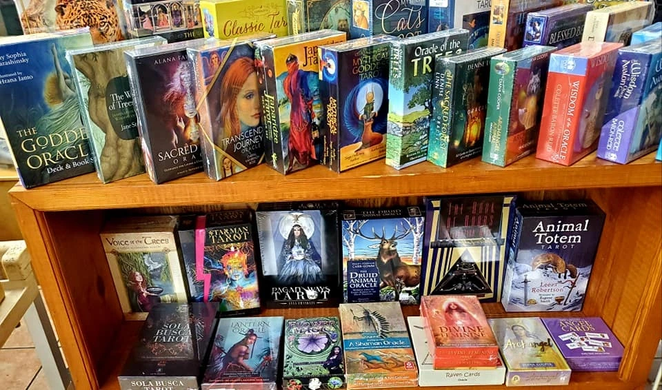 A display of tarot decks