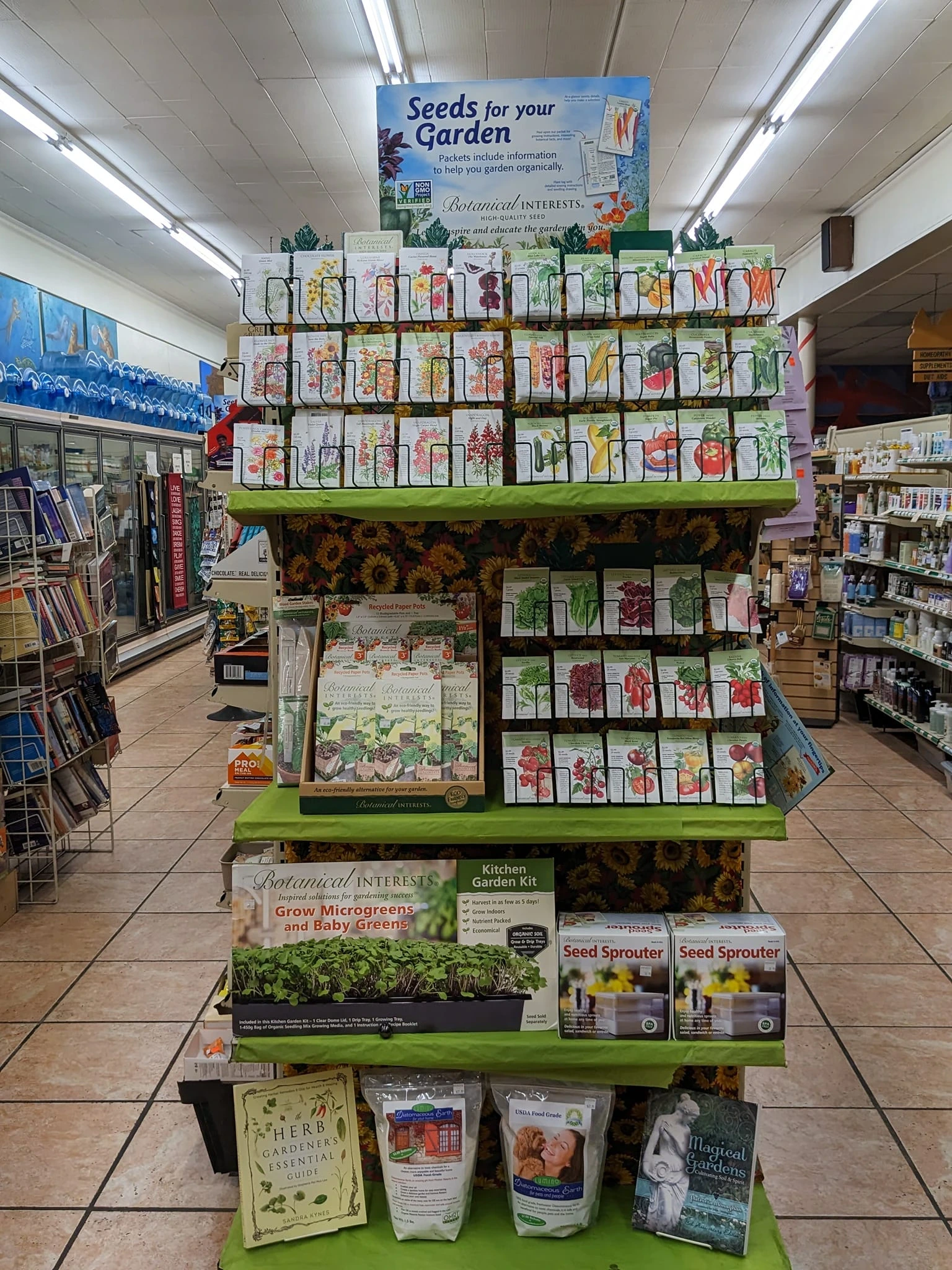 A standing display of garden seeds